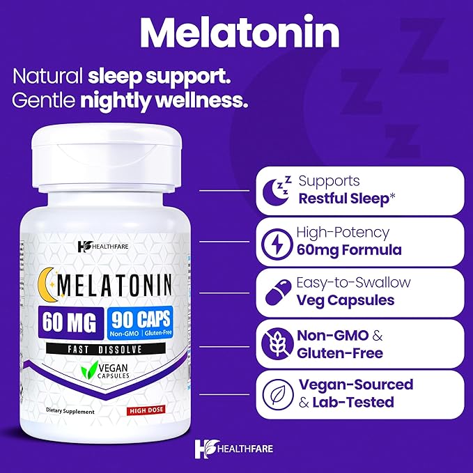 Melatonin 60mg | 90 Veg Capsules | High-Strength Formula | Vegetarian, Non-GMO, Gluten-Free | Made in The USA