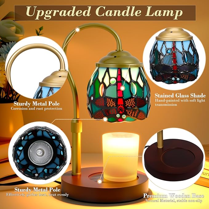 Candle Warmer Lamp Tiffany Style Dragonfly, with Timer Dimmer Adjustable Height, Stained Glass Candle Warmer Lamp with 2 Bulbs, Vintage Home Decor Gift, Wax Melt Warmer for Scented Jar Candles