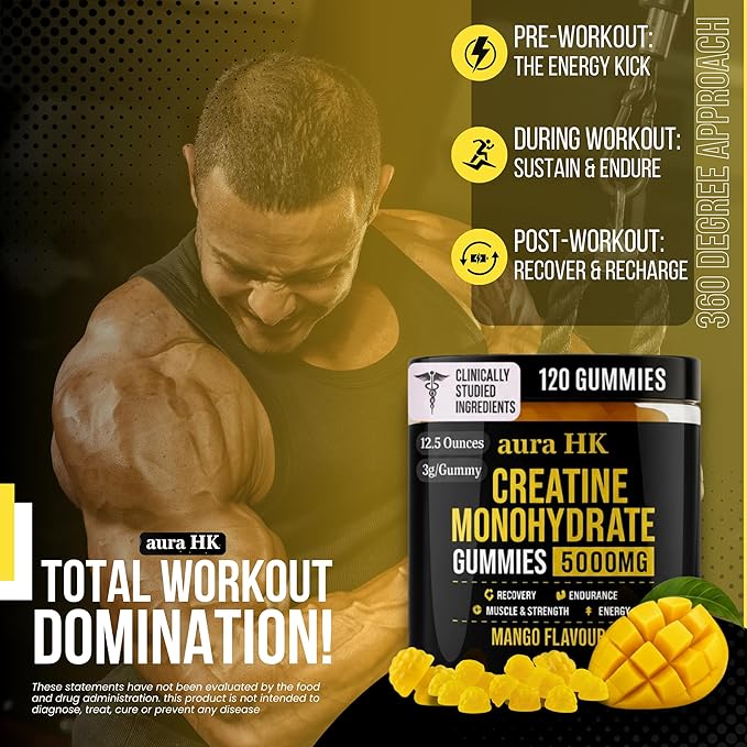 Creatine Monohydrate Gummies 5000mg 120 Count Sugar Free for Men & Women - Mango Flavor Vegan Creatine Supplement for Muscle Strength, Energy, Endurance & Workout Gummies