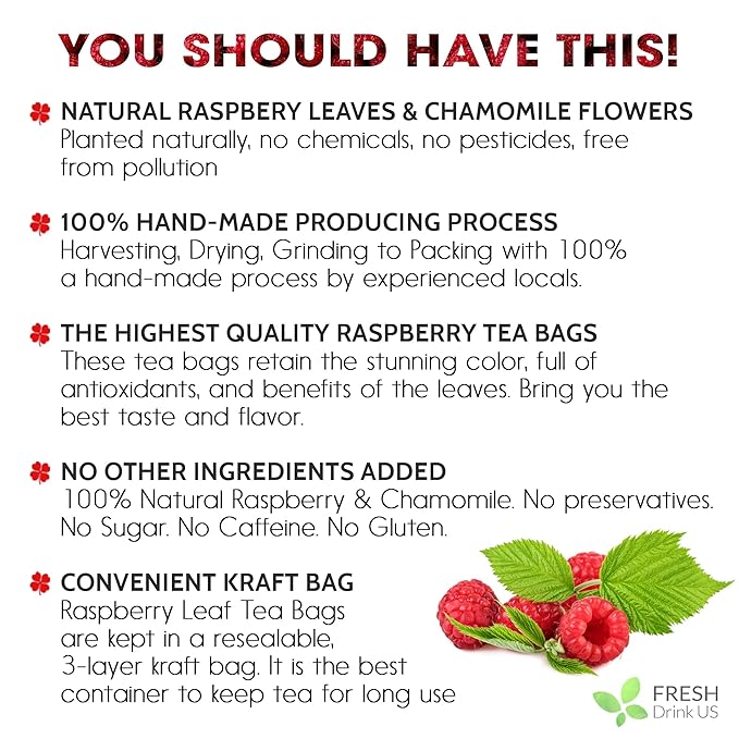 FreshDrinkUS, Premium Raspberry Leaf Tea with Chamomile โ 135 Tea Bags | Naturally Caffeine-Free Herbal Blend | Soothing Floral Flavor | Premium Loose Herbal Tea in Natural Material Tea Bags