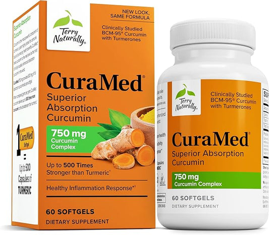 Terry Naturally CuraMed 750 mg - Antioxidant Supplement for Brain & Heart Health Support - Supplement with High-Potency Curcumin Complex - Kidney, Liver & Immune Health Support - 60 Softgels (1 Pack)