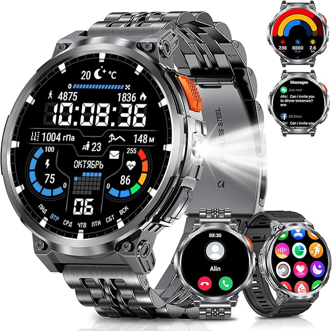 1.85" Big Screen Military Smart Watch for Men with Flashlight, 730mAh Large Battery, IP68 Waterproof, Bluetooth Calling, 114 Sports Modes, Heart Rate/Sleep Monitor for iOS Android
