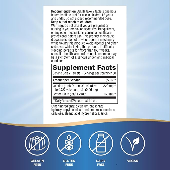 Nature's Way Valerian Nighttime, Herbal Sleep Aid*, 320 mg per Serving of Valerian Extract, Gluten-Free, 100 Tablets