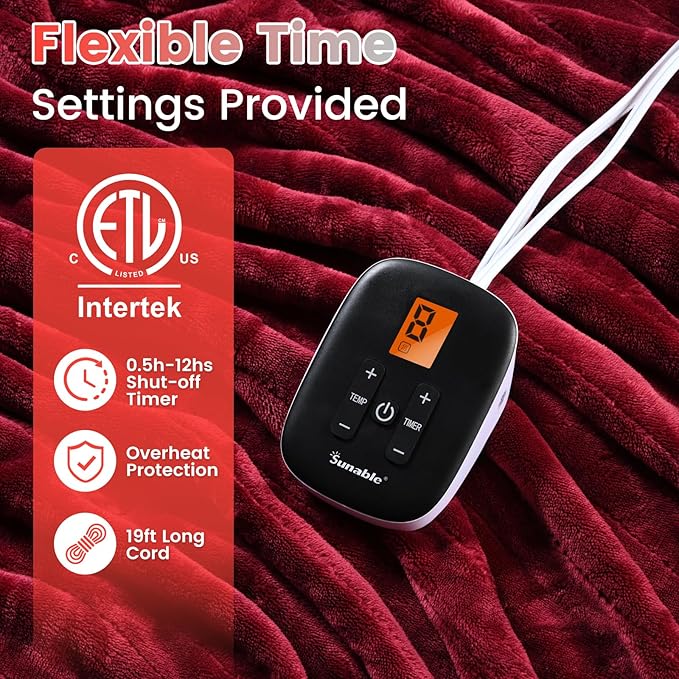 Sunable Heated Electric Blanket - Machine Washable Blanket with Time Settings 10 Heat Settings Full Size 77×84 inches Burgundy - Velvet