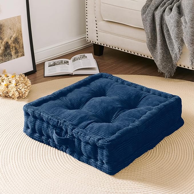 Square Floor Pillows for Adults Kids - Meditation Floor Pillow Seating Cushion - Tufted Floor Cushion with Shredded Foam & Velvet Cover, 1 Pack, 20x20 Inch, Dark Blue