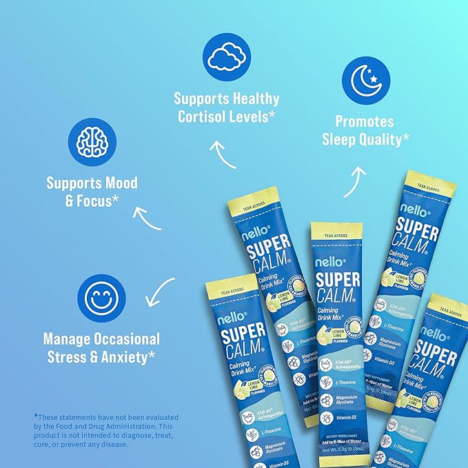 Nello Supercalm Drink Mix - Ashwagandha KSM 66, Magnesium Glycinate & L-Theanine Supplement, Vitamin D3 - Ashwagandha Root Extract - Focus and Relaxation Support (20 Travel Packets) - Lemon Lime