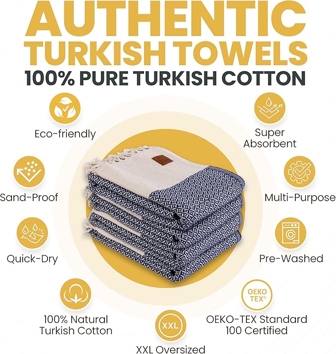 Gold CASE Turkish Beach Towel Set of 4 – 100% Cotton Large Turkish Bath Towels 67 x 38'' – Aphrodite Extra Large, Quick Dry & Sand Free Towels – Peshtemal for Pool – Navy Blue