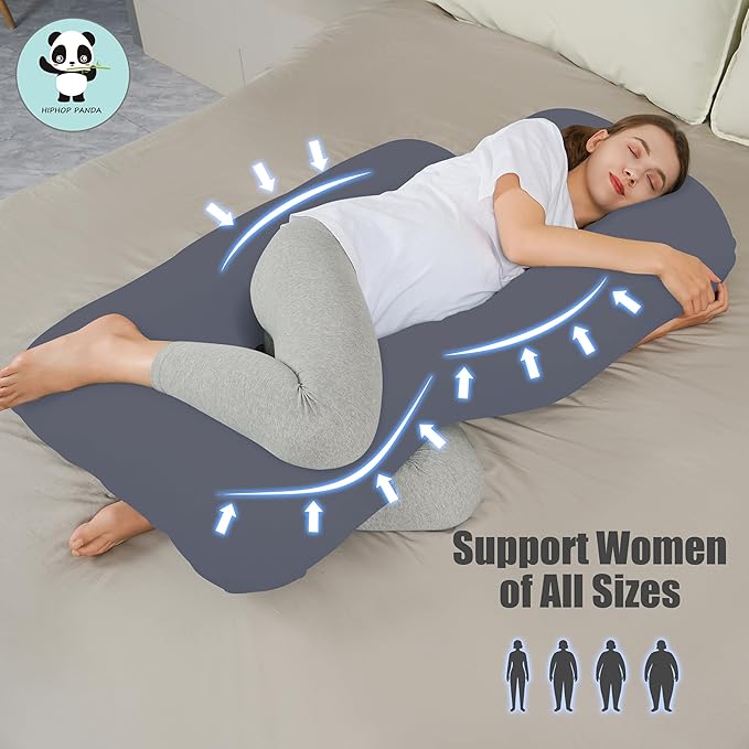 HIPHOP PANDA U-Shaped Pregnancy Pillow for Sleeping - Full Body Maternity Support Pillow with Removable Cover - Comfort for Back, HIPS, Legs, Belly - 57 Inch for Pregnant Women, Dark Grey