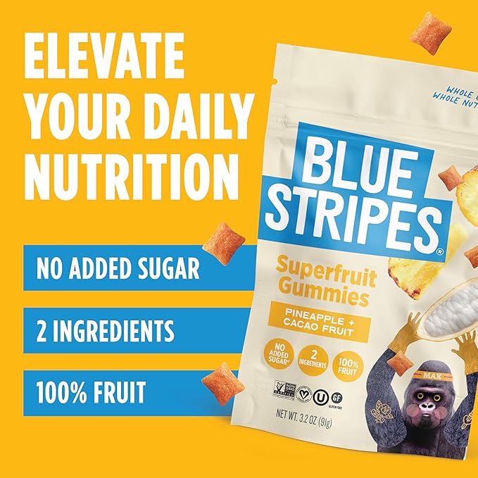 Blue Stripes Cacao Superfruit Gummies - Vegan Chewy Fruity Snack, No Sugar Added 100% Fruit Gummy, 9 Essential Vitamins & Minerals, Natural Tropical Superfood - Pineapple & Cacao, 3.2 oz (2 Pack)