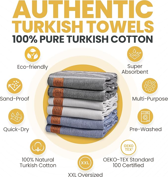 Gold CASE LYCIA Turkish Beach Towel Set of 6 – 100% Cotton Turkish Beach Towels Bulk 70 x 38'' – LYCIA Oversized, Quick Dry & Sand Free Beach Towel – Lightweight Towels Set in Multi Dark Tones