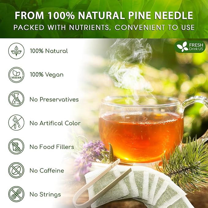 FreshDrinkUS, Pine Needle Tea Bags β 135 Tea Bags, Naturally Caffeine-Free, Refreshing Herbal Tea, Wild-Harvested Pine Leaves, Aromatic and Soothing β Non-GMO & Eco-Friendly Packaging