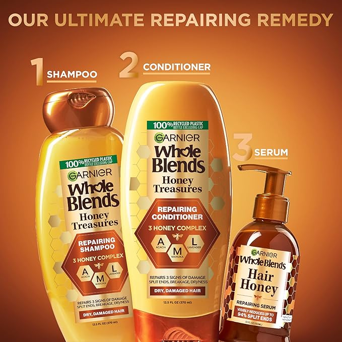 Garnier Whole Blends Honey Treasures Repairing Shampoo, Conditioner + Hair Mask Set for Dry, Damaged Hair (3 Items), 1 Kit (Packaging May Vary)