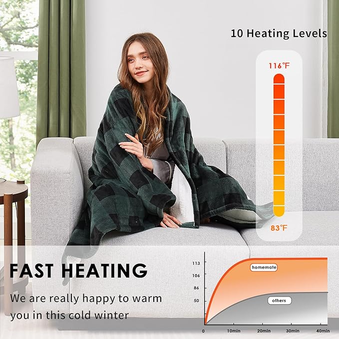 Homemate Electric Blanket Heated Queen Size - 84“x90“ Ultra Soft Cozy Flannel Heating Blanket with 10 Fast Heat Levels 8 Hours Auto Off Over-Heated Protection ETL Certification Keep Warm in Home