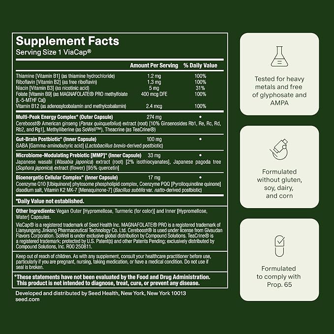 Seed AM-02 Energy + Focus - Daily Nootropic Supplement for Women & Men - Fast-Acting & Sustained Energy for Up to 6 Hours - Caffeine-Free Vegan & Shelf-Stable - 30 Capsules (30-Day Supply)