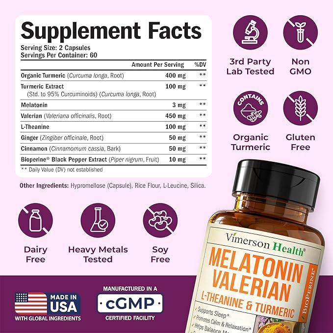 Melatonin Sleep Aid with L Theanine & Valerian Root – Turmeric Supplement – Turmeric Curcumin with Ginger & Black Pepper – L-Theanine & Melatonin 3mg for Sleep, Calm and Stress Relief – 120 Capsules