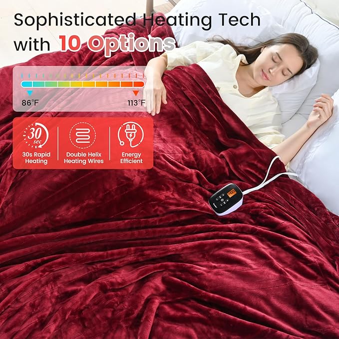 Sunable Heated Electric Blanket - Machine Washable Blanket with Time Settings 10 Heat Settings Full Size 77×84 inches Burgundy - Velvet