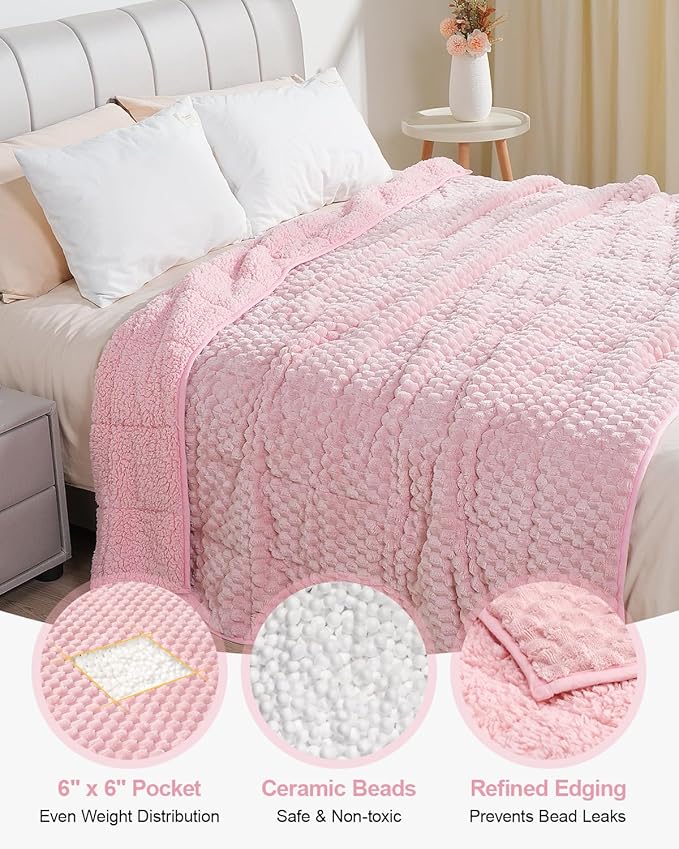 Super Soft Luxury Fleece Sherpa Weighted Blanket 15 lbs for Adults, Turtle Shell Fuzzy Cozy Warm Twin Weighted Throw for Winter, Ceramic Beads Washable Heavy Blankets for Couch Bed, Pink, 48" x 72"
