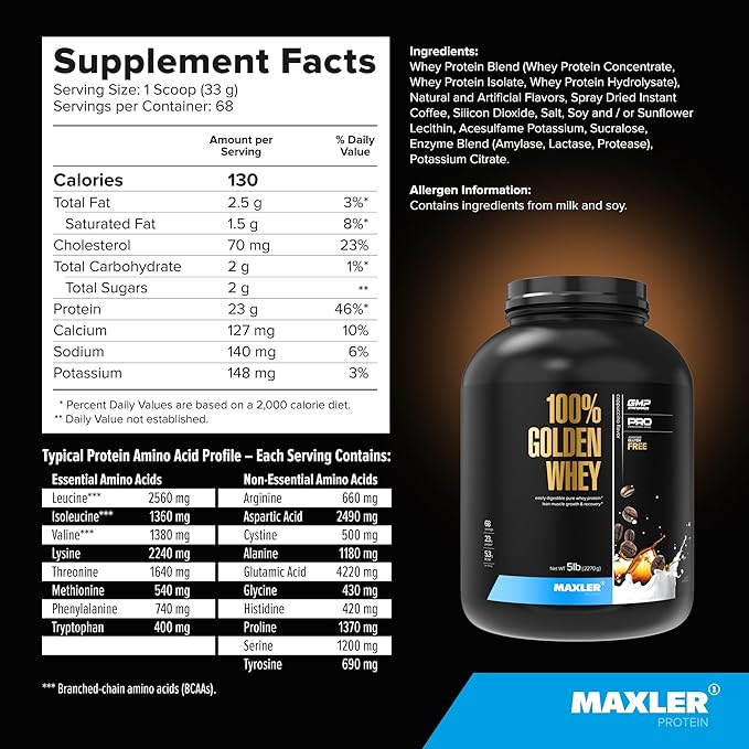 Maxler 100% Golden Whey Protein - 23g of Protein per Serving - Premium Whey Protein Powder for Pre Post Workout - Fast-Absorbing Whey Concentrate, Isolate & Hydrolysate Blend - Cappuccino 5 lb