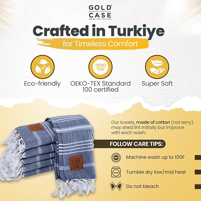 Gold CASE Turkish Hand Towels for Bathroom Set of 6 – 20 x 40'' – 100% Cotton Bathroom Hand Towels – LYCIA Towel for Spa, Face, Tea & Dishcloth – Decorative Cloth – Navy Blue
