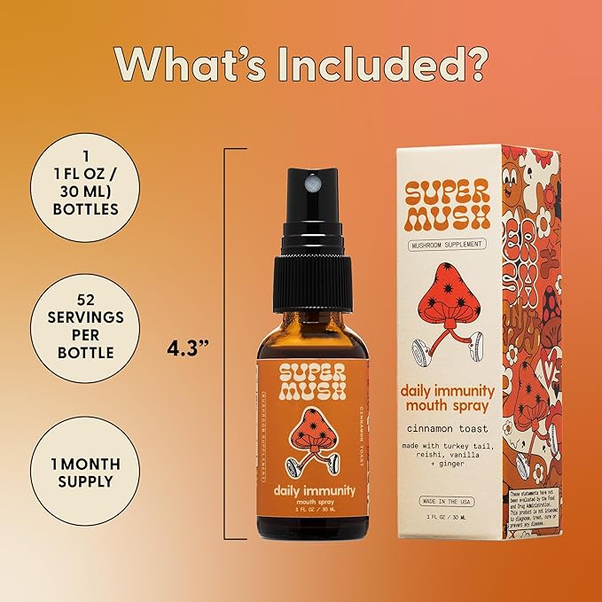 SuperMush Daily Immunity Mouth Spray Organic - Mushroom Immunity Spray Supplements - Turkey Tail & Reishi Mixed Mushrooms Extract - Immune & Digestive Health Support - 30ml Pure & Organic Turkey Tail