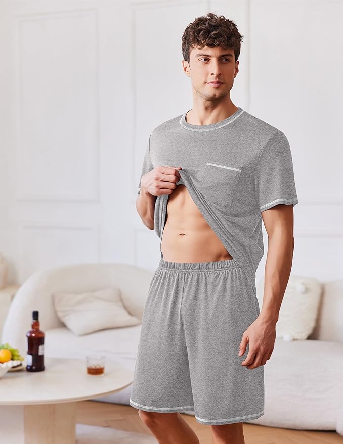 Ekouaer Men's Pajamas Set Casual Short Sleeve Shirts and Shorts Soft 2 Piece Loungewear With Pockets