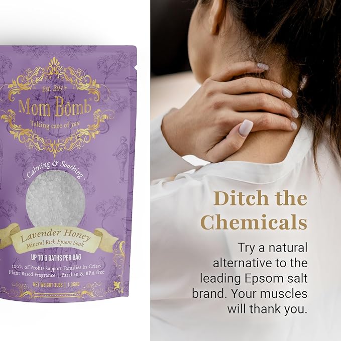 Mom Bomb Lavender Honey Epsom Salt Bath Soak – Natural Magnesium Salt with Essential Oils – Relaxing Aromatherapy for Stress Relief, Muscle & Foot Soak – Made in USA, 48 Ounce