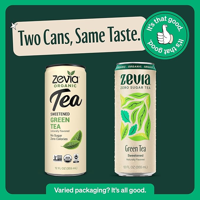 Zevia Zero Sugar Tea, Green Tea, 12 oz Cans (12-Pack) – Naturally Sweetened, Zero Calorie Sugar Free - Non-GMO Project Verified, Gluten-Free, Vegan