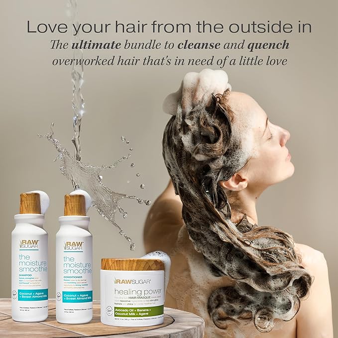 Raw Sugar Moisture Smoothie + Hair Masque Bundle - Shampoo & Conditioner for Dry Damaged Hair, Sulfate & Paraben Free