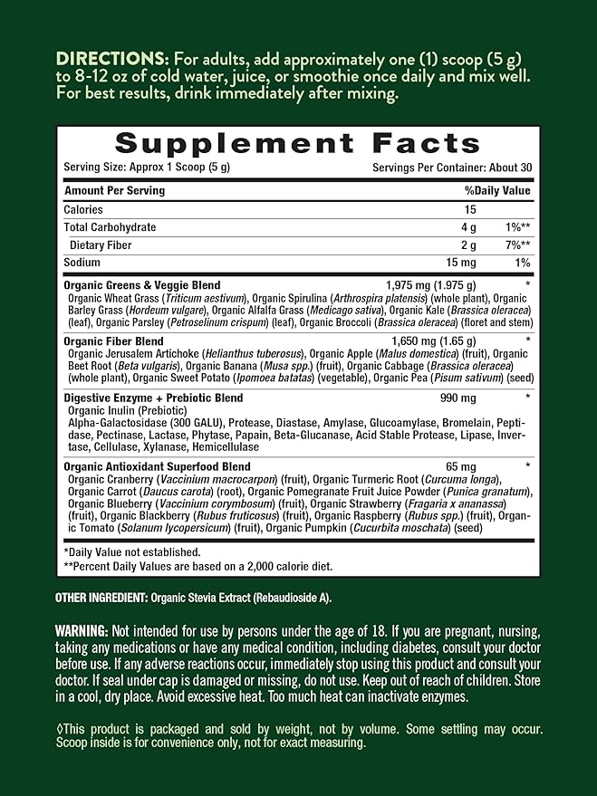 Nature's Truth Organic Greens Powder | 20 Plus Superfoods | 5.29 Oz | Digestive Enzymes & Prebiotic Blend | Vegan, Non-GMO & Gluten Free Supplement