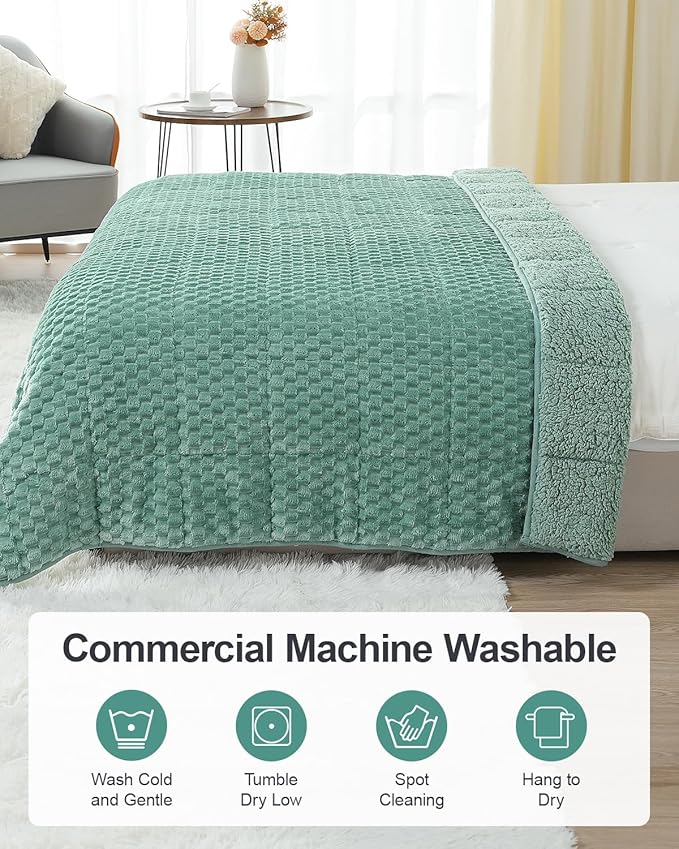 Super Soft Luxury Fleece Sherpa Weighted Blanket 15 lbs for Adults, Turtle Shell Fuzzy Cozy Warm Weighted Throw for Winter, Ceramic Beads Washable Heavy Blankets for Couch Bed, Sage Green, 48" x 72"