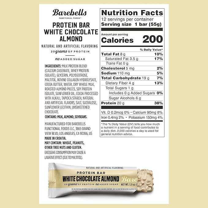 Barebells Protein Bars White Chocolate Almond - 12 Count, Pack of 2 - Protein Snacks with 20g of High Protein - Chocolate Protein Bar with 1g of Total Sugars - On The Go Protein Snack & Breakfast Bars