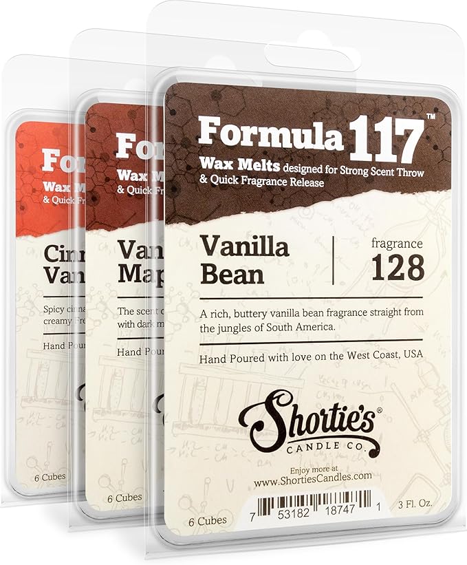 Shortie's Candle Company Vanilla Wax Melts Variety Pack - Vanilla Bean, Vanilla Maple, Cinnamon Vanilla - Formula 117-3 Highly Scented 3 Oz. Bars - Made with Natural Oils - Vanilla Warmer Wax Cubes