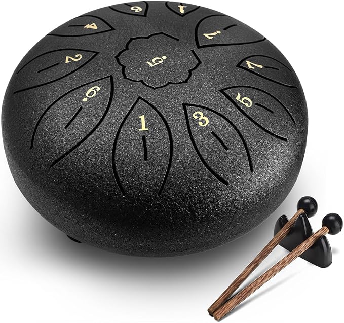 Facmogu Steel Tongue Drum, 6 Inch 11 Notes Rain Drum for Outside, Handpan Drums with Bag, Sticks, Finger Picks, Percussion Instrument for Meditation Yoga Musical Education Concert Mind Healing - Black