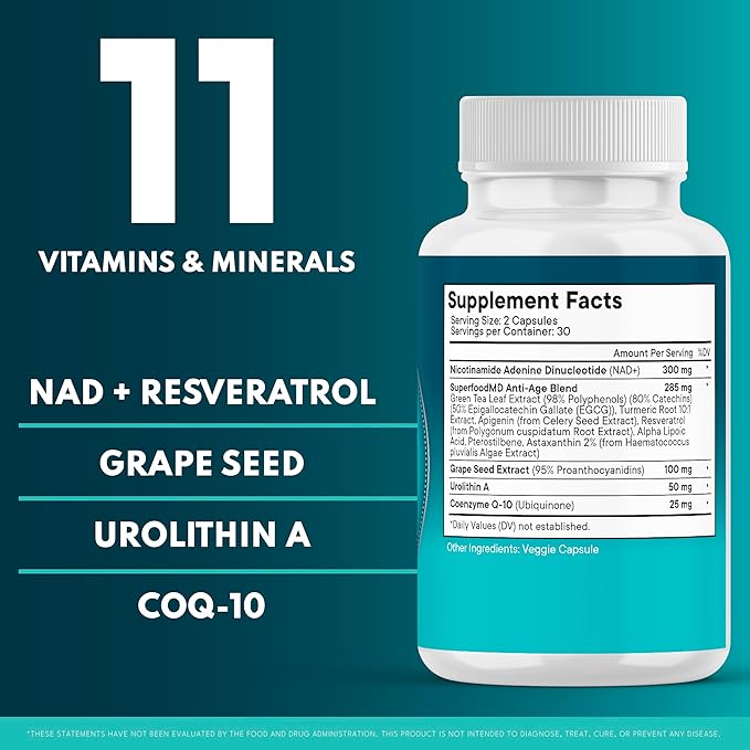 NAD+ Supplement - Liposomal + Resveratrol for Women & Men, Astaxanthin, CoQ10, Alpha Lipoic Acid, Green Tea, Urolithin - 60 Capsules