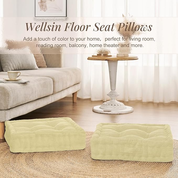Square Floor Pillows for Adults Kids - Meditation Floor Pillow Seating Cushion - Tufted Floor Cushion with Shredded Foam & Velvet Cover, 1 Pack, 20x20 Inch, Beige