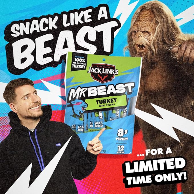 Jack Link’s x MrBeast Turkey Mini Sticks – 8g Protein per Serving, Individually Wrapped Meat Sticks, Made with 100% All Natural Turkey, Zero Sugar, Pantry-Ready, Kids Snacks, 0.5oz (12 Count)