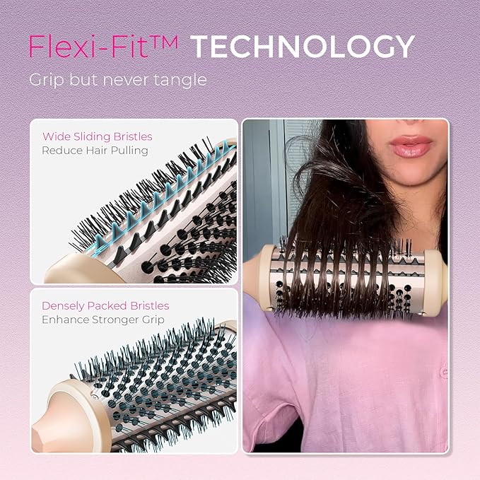 TYMO Thermal Brush Curling Brush - STYLUX 1.7 Inch Blowout Volumizer with Flexi-Fit for Hair Straightening, Heated Round Styler Tool, Hair Straightener and Curler 2 in 1, Dual Voltage & Light, Pink