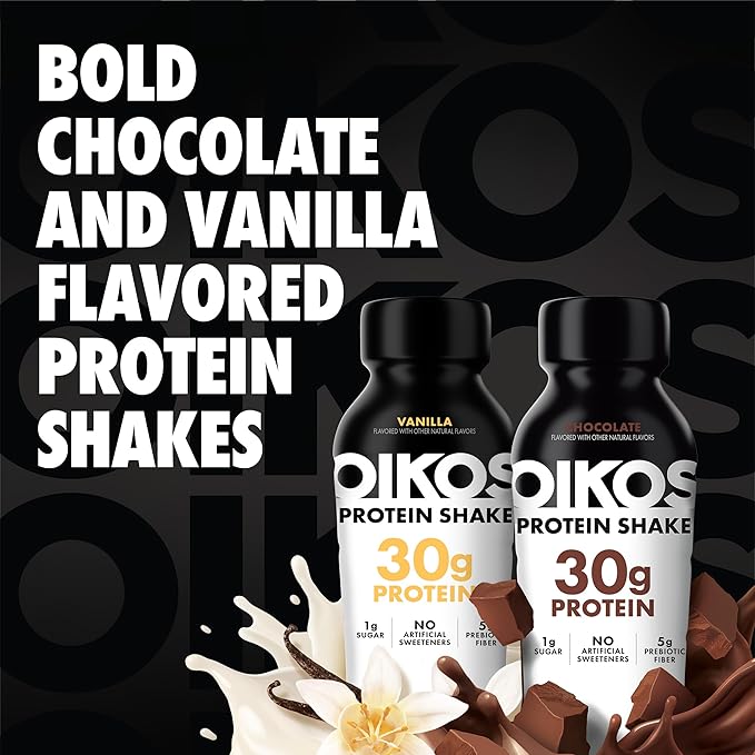 Oikos Protein Shake, Exclusive Variety Pack, 30g High Protein Drinks, Shelf Stable, Ready to Drink, 5g Prebiotic Fiber, 12 fl oz Bottle (8 ct Chocolate, 4 ct Vanilla)