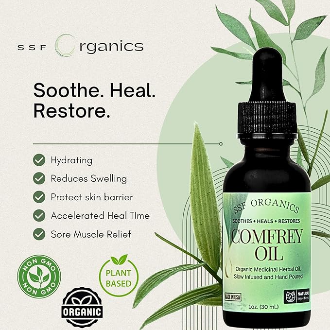 SSF Organics- Healing Comfrey Oil Concentrate. Natural Therapy for Joints, Muscle and Skin. | Medicinal Plant Based Relief and Recovery | 1 oz.