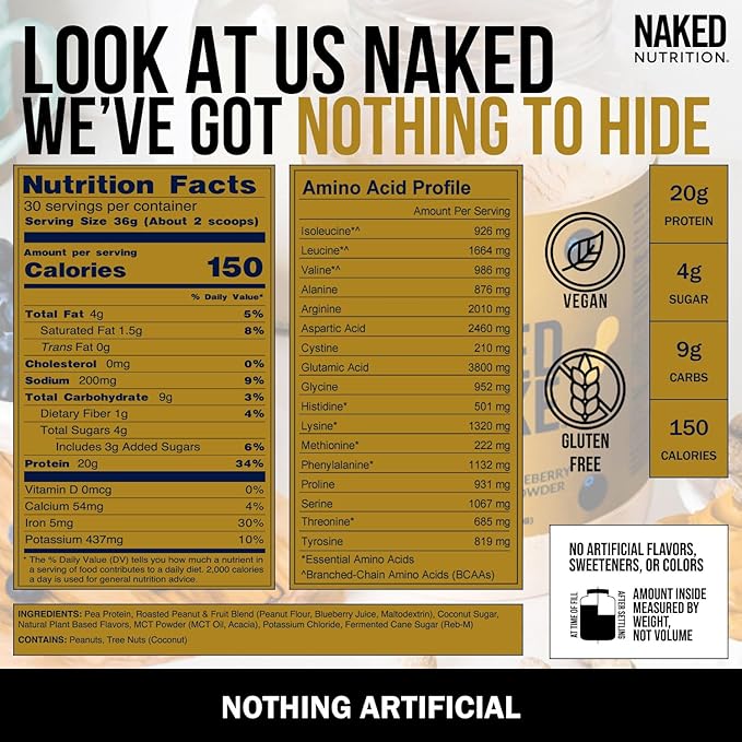 Naked Shake - Peanut Butter Blueberry Protein Powder, Plant Based Protein with Mct Oil, Gluten-Free, Soy-Free, No Gmos Or Artificial Sweeteners - 30 Servings