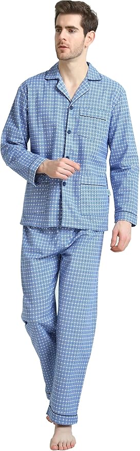 GLOBAL Men's Pajamas Sets 100% Cotton Flannel Sleepwear Long-Sleeve top & Bottom