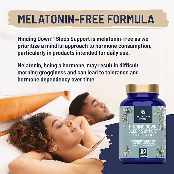 Abundant Earth Natural Sleep Aid for Adults Minding Down Sleep Support Supplement Max Strength Deep Sleep Supplement Without Melatonin to Calm & Restore The Sleeping Cycle + Magnesium, GABA 60ct
