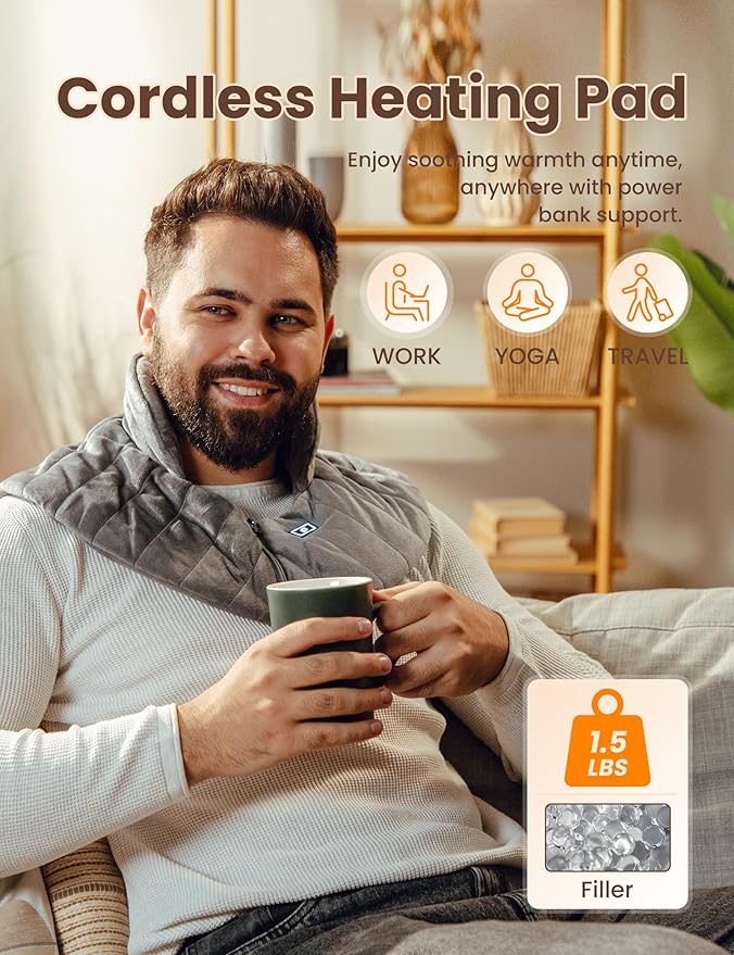 HENNCHEE Heating Pad for Neck and Shoulders and Back Pain Relief, Battery Wireless Heated Wrap Weighted Neck Warmer Grey