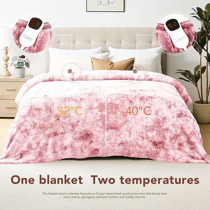 Homemate Electric Heated Blanket Queen Size - 84"x90" Heating Blanket Queen Size Dual Control 1/2/4/6/8 Hours Auto-Off 10 Heat Level Over-Heat Protection Luxury Faux Fur Sherpa ETL Certification