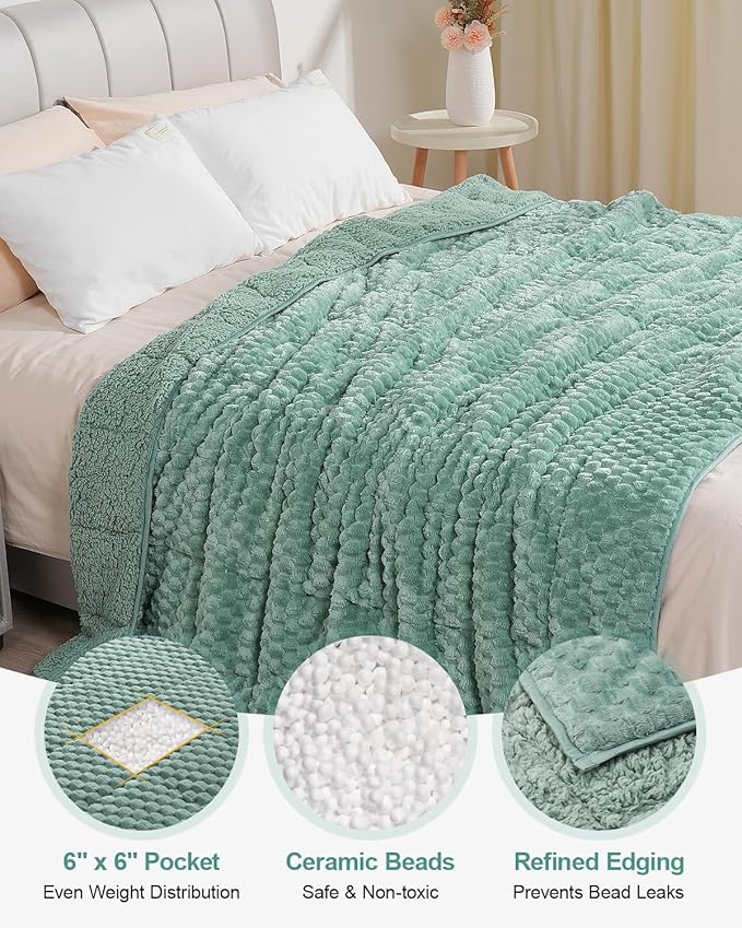 Super Soft Luxury Fleece Sherpa Weighted Blanket 15 lbs for Adults, Turtle Shell Fuzzy Cozy Warm Weighted Throw for Winter, Ceramic Beads Washable Heavy Blankets for Couch Bed, Sage Green, 48" x 72"