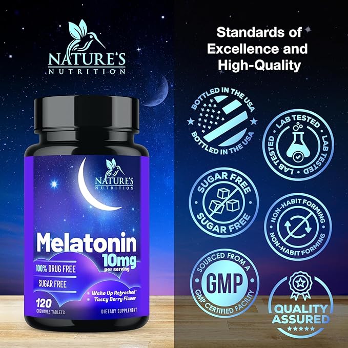 Melatonin Sleep Supplement 10mg - Maximum Strength 100% Drug Free, Non-Habit Forming - Best Sleep Supplements for Adults Restful Sleep - Fast Dissolve Melatonin, Berry Flavored - 120 Chewable Tablets