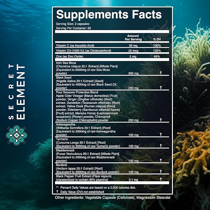 Irish Sea Moss Black Seed Oil Ashwagandha Ginger, 20,000mg Capsules, Seamoss Black Seed Oil Ashwagandha Burdock Root, All in One Supplement, 120 Capsules