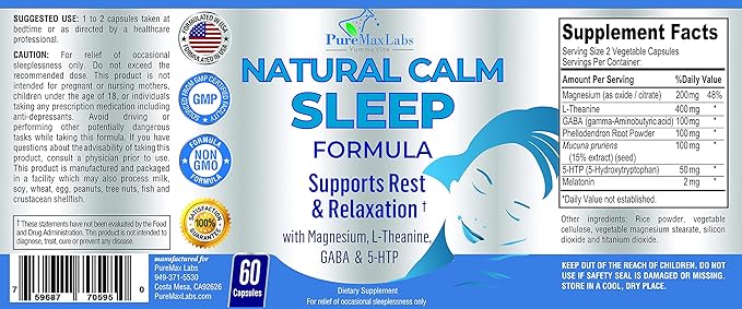 Natural Calm Sleep Aid with Magnesium, L-Theanine, Melatonin, GABA, 5-Htp | Sleep Aid | Non-GMO - 60 Capsules (Pack of 2)