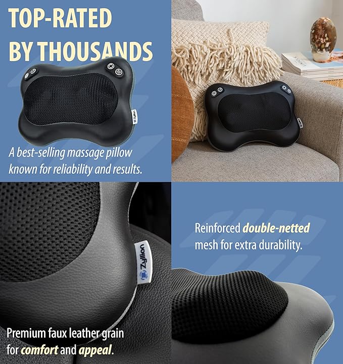 Zyllion Shiatsu Back and Neck Massager with Heat - 3D Electric Kneading Deep Tissue Massage Pillow with 2 Speeds for Muscle Pain Relief, Black, ZMA-34