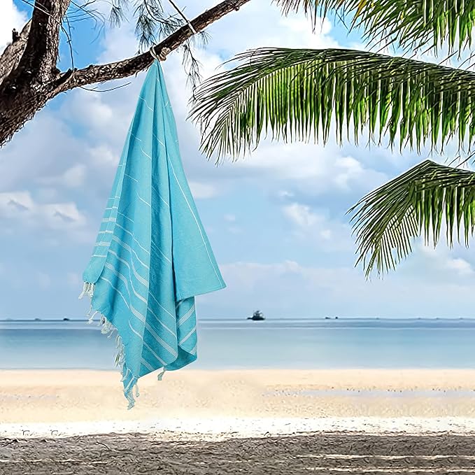 HILLFAIR Cotton Turkish Beach Towels, Quick Dry Lightweight Sand Free Peshtemal Towel for Bath Swim Yoga Pool Travel, Beach Accessories, Oversized Cotton Turkish Towels (39 x 72 inch- 4 Pack Sky)
